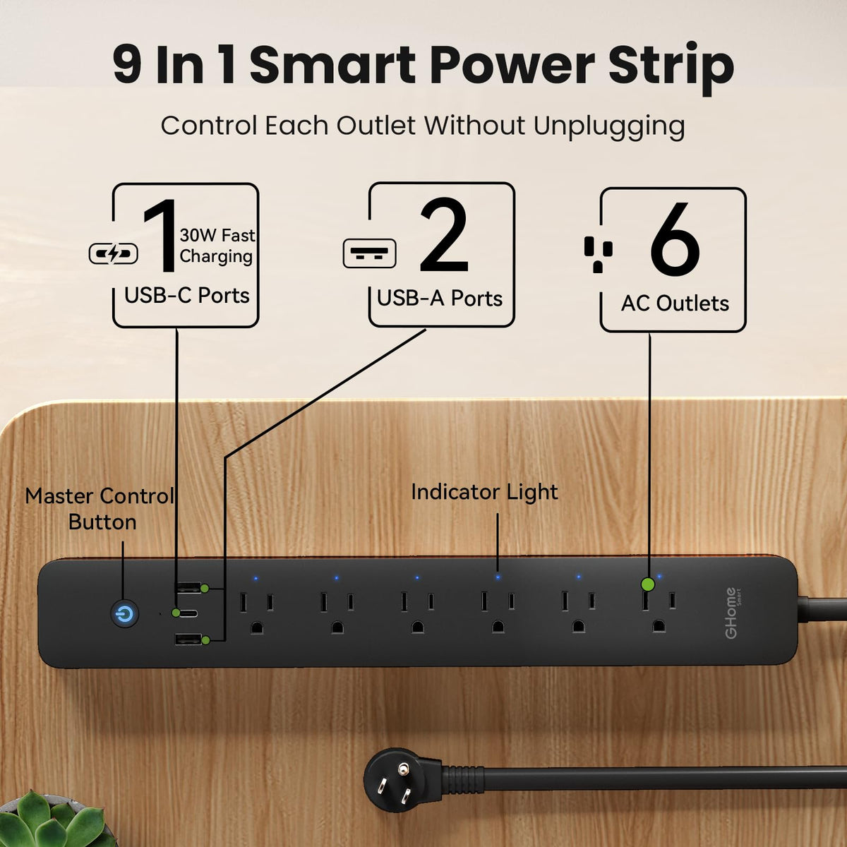 GHome Smart flat plug and 7.18 ft cord for flexible placement and tidy routing