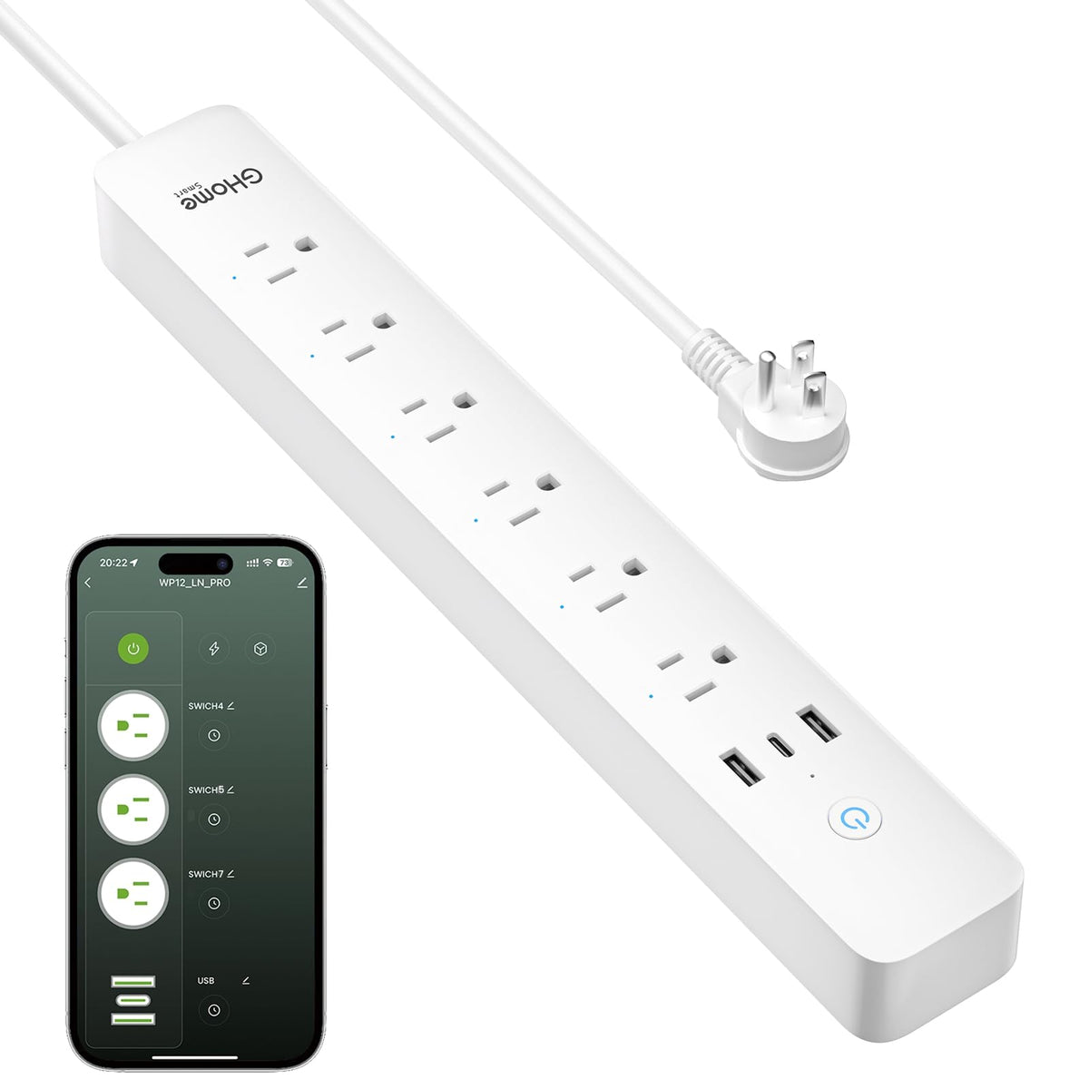 GHome Smart front view showing six outlets and USB ports for versatile control