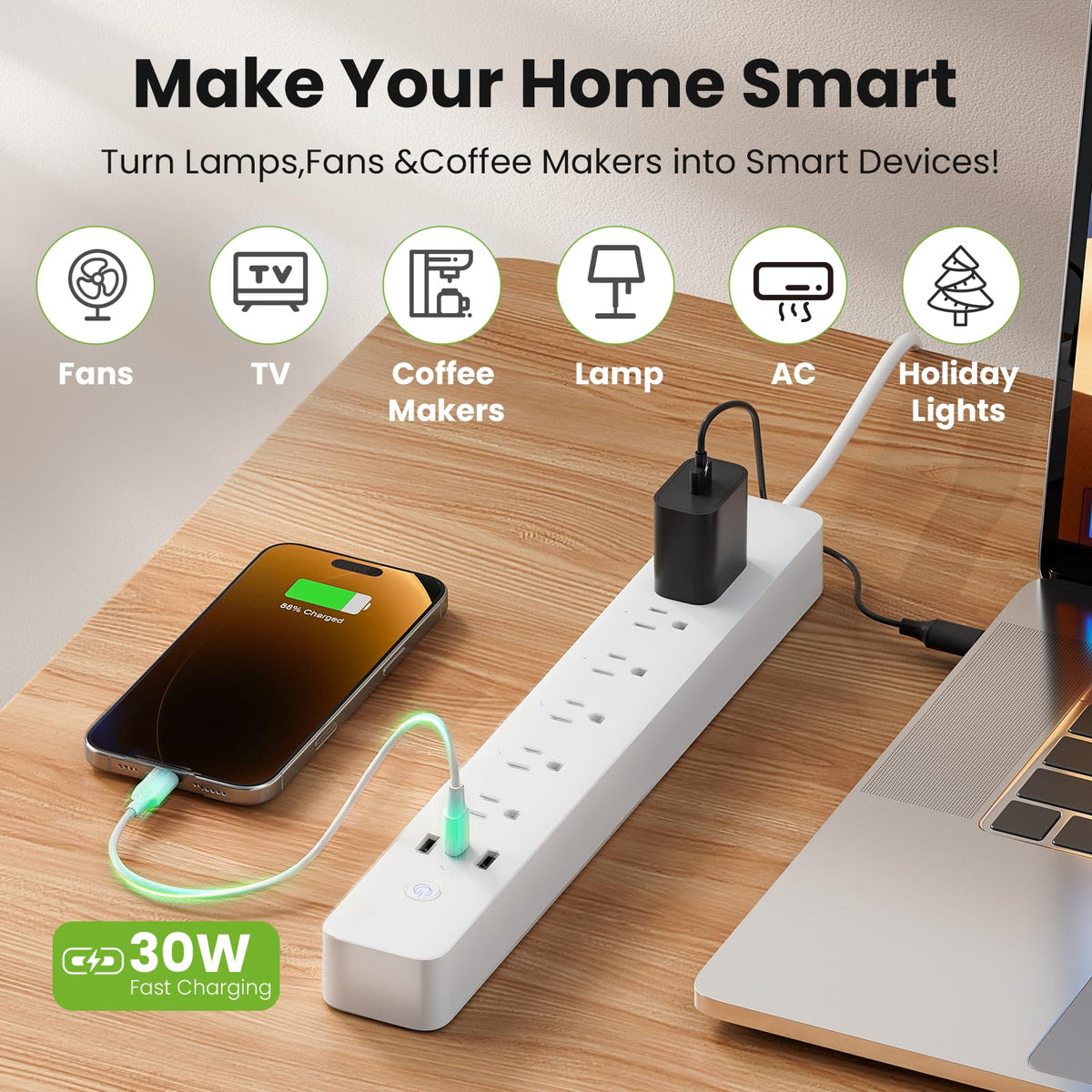 GHome Smart next to a phone and notebook to show compact size and scale