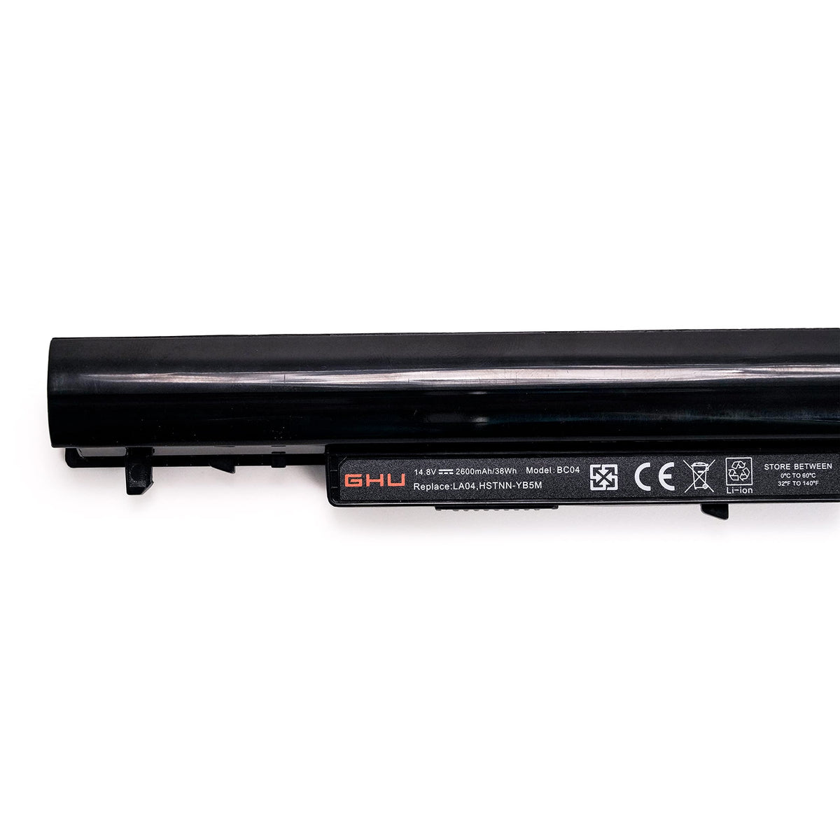 GHU LA04 battery packaging close-up highlights safety certifications and genuine parts