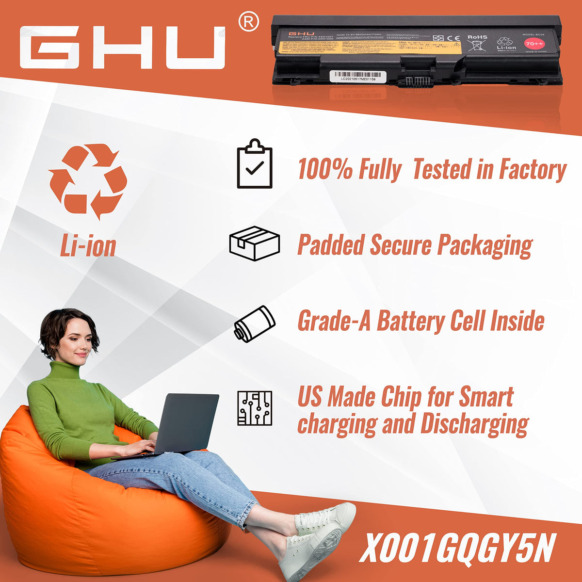 GHU battery beside a ruler showing compact size and easy laptop swap