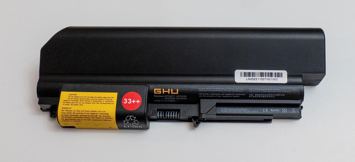 GHU battery beside a ruler for scale demonstrating compact form factor and exact sizing for ThinkPad bays