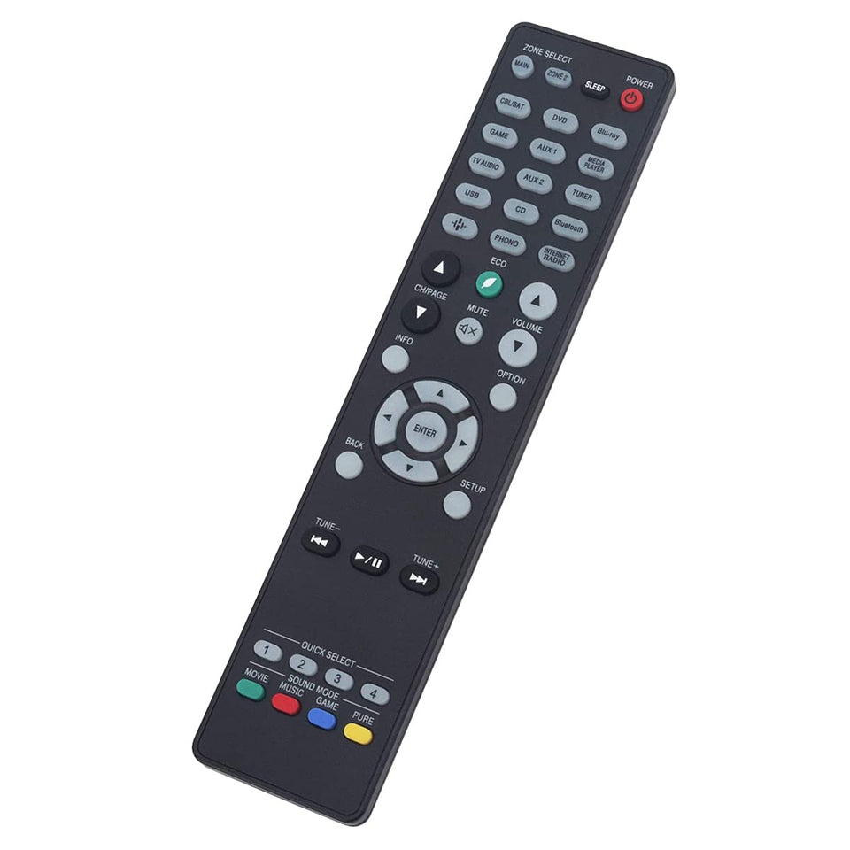 GHUST replacement remote for Denon; front view shows compact, ergonomic design for easy grip