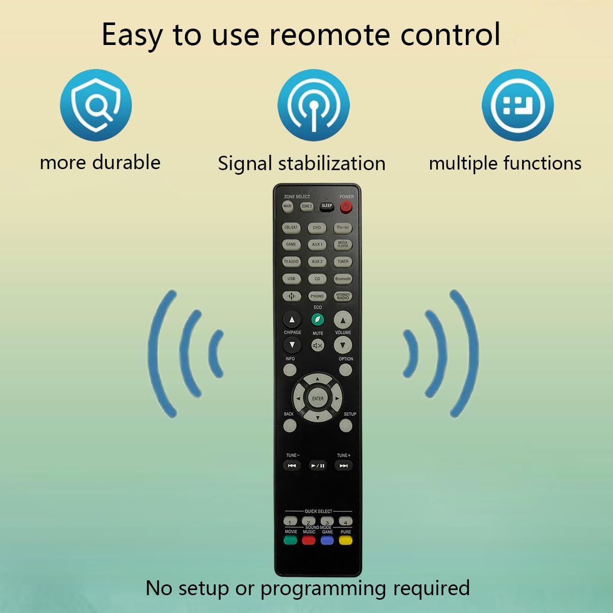 GHUST Denon remote, side buttons visible, precise control in hand