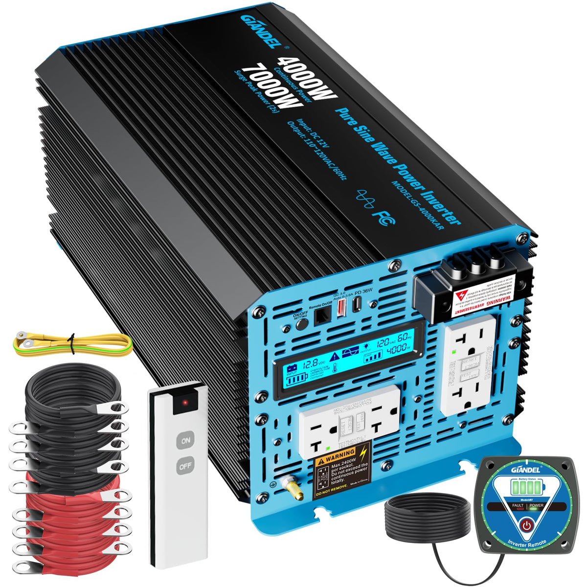 Giandel 4000W inverter front view, compact for RV setups.