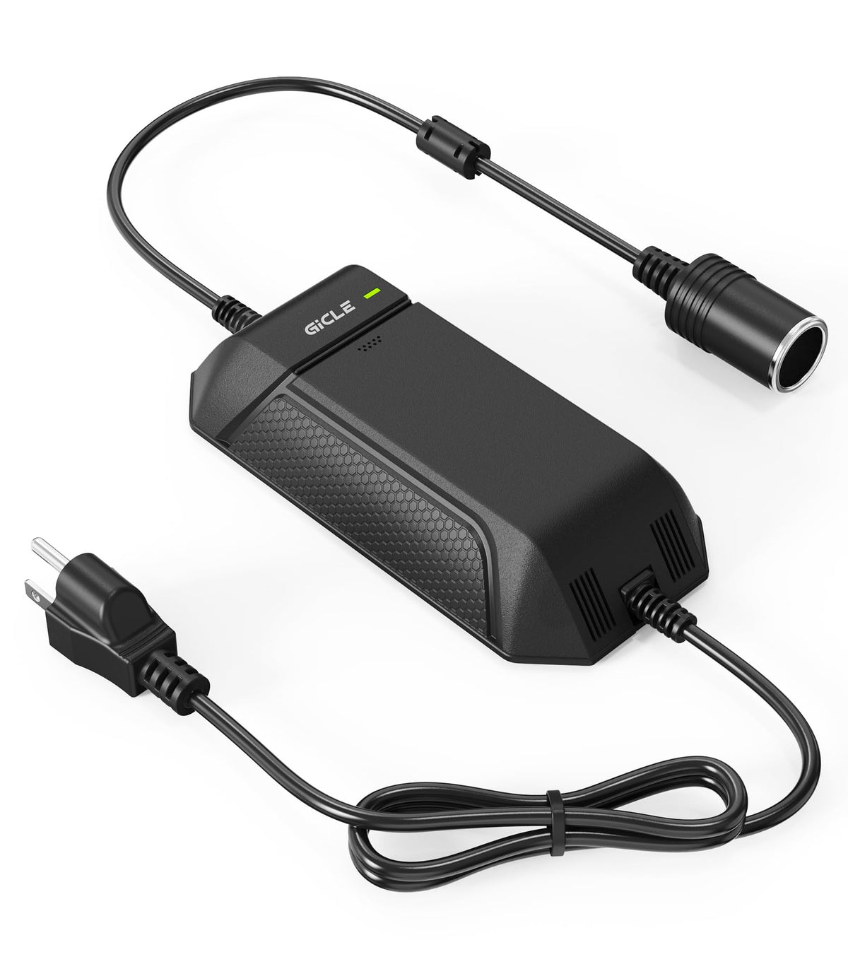 Gicle ac-dc-converter front view powering a car outlet for travel devices.
