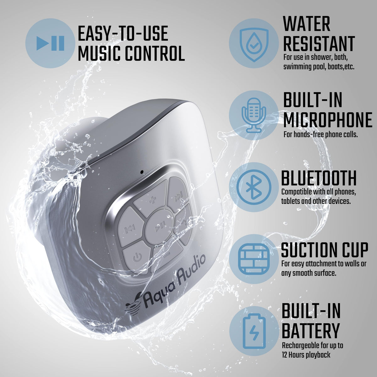 Gideon shower speaker waterproof body shown, ideal for streaming in moisture-rich environments.