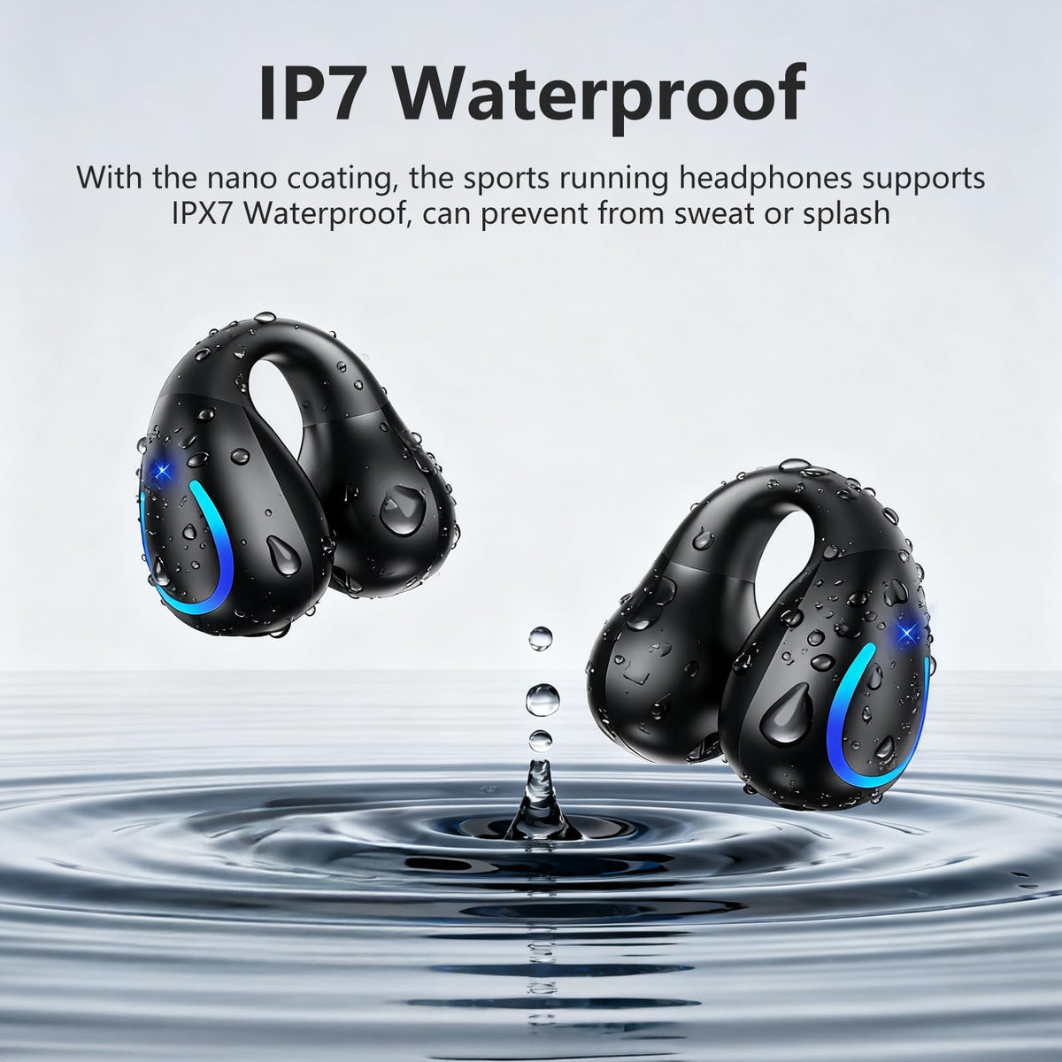 gidosha earbud exposed to water droplets demonstrating IPX7 sweat resistance