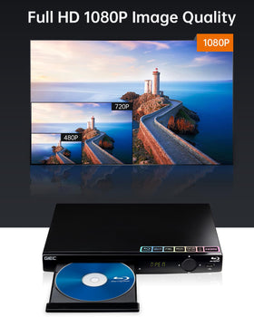 GIEC Blu Ray Player rear ports show HDMI, CVBS, and audio outputs.