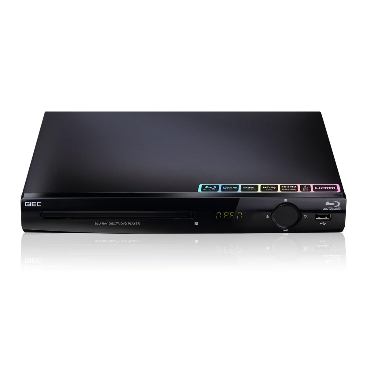 GIEC Blu Ray Player front view with compact design and HDMI output.