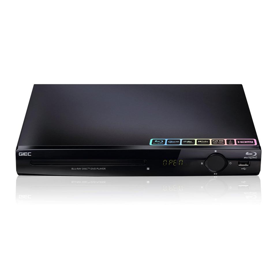 GIEC Blu Ray Player front view with compact design and HDMI output.