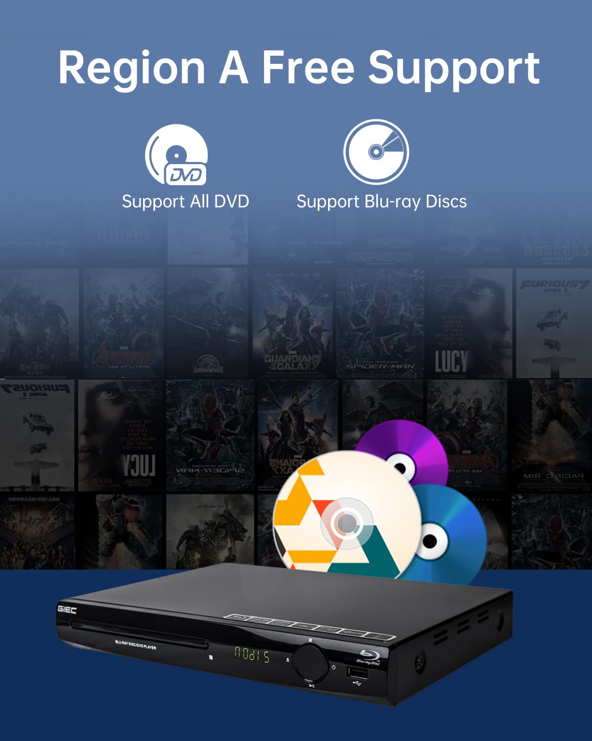 GIEC Blu Ray Player USB playback supports videos, music, and photos.