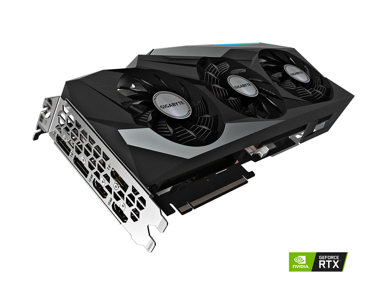 GIGABYTE RTX 3080 OC Rev2 side view highlighting triple-fan cooling.