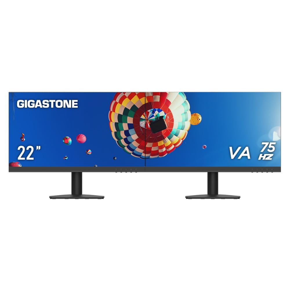 Gigastone 22-inch dual-monitor frameless setup for immersive viewing