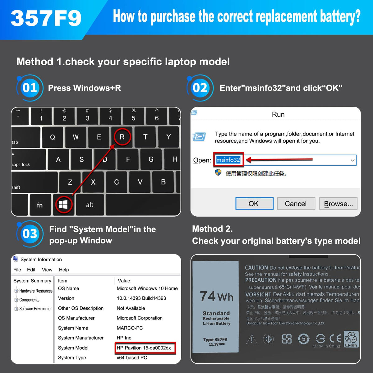 Gihebac 357F9 battery label closeup shows safety features and part number.