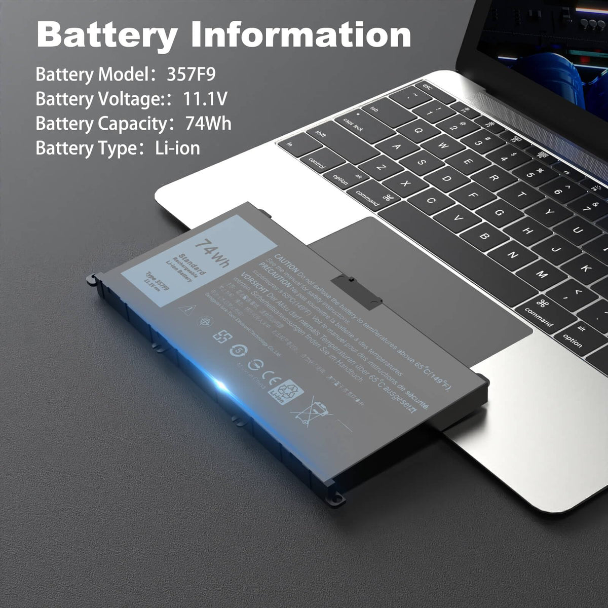 Gihebac 357F9 battery side view highlighting compact fit in laptops.