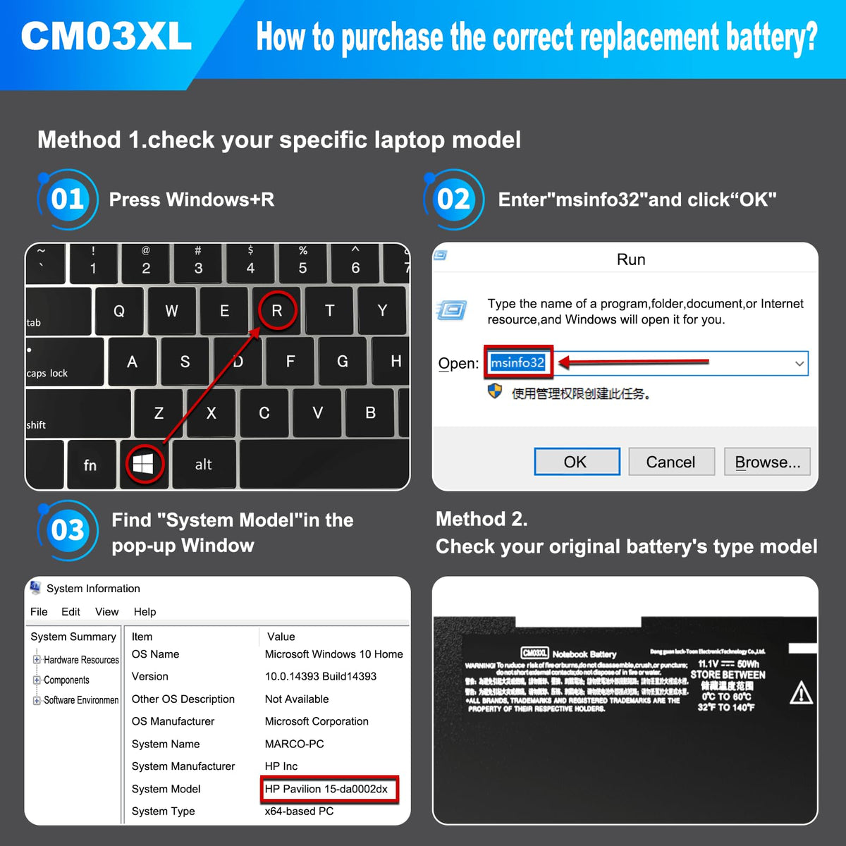 Gihebac CM03XL compatibility list helps you find the right spare for your notebook.