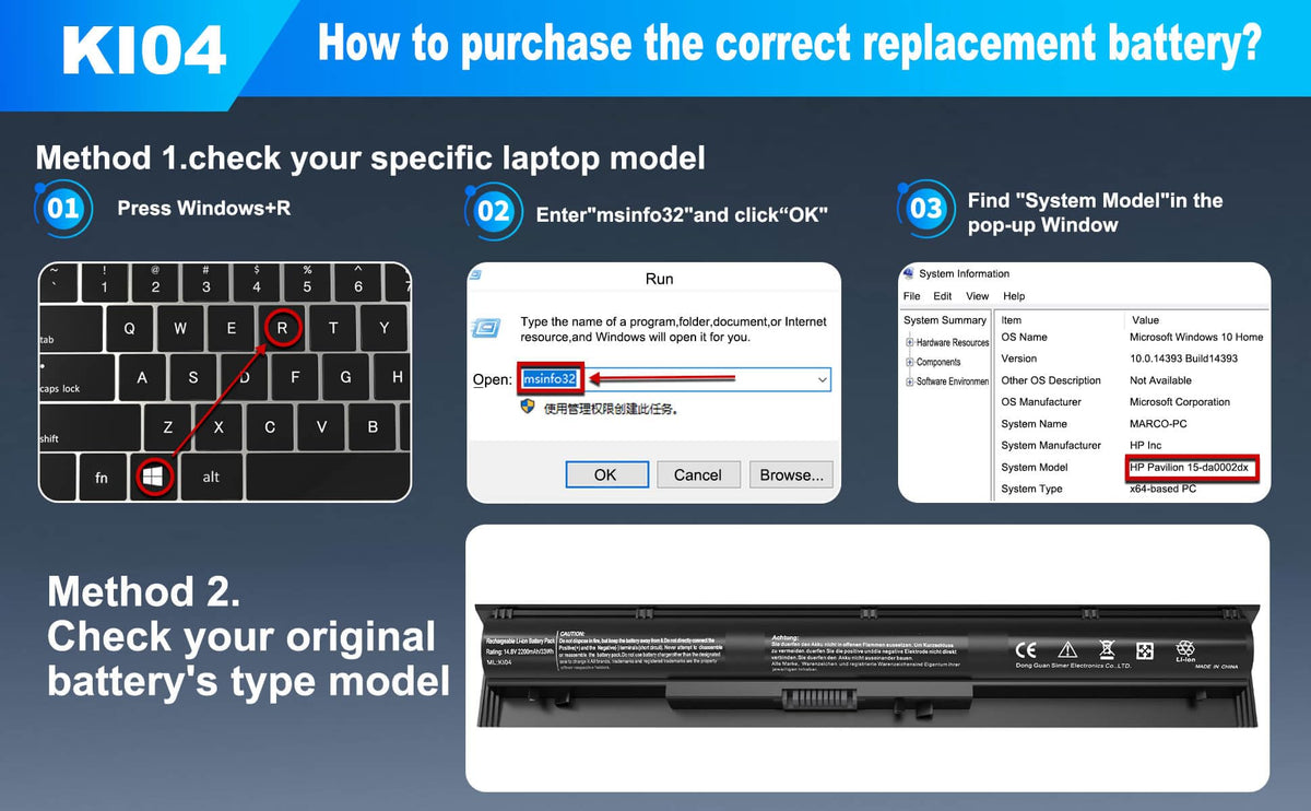 Battery label shows KI04 compatibility for HP Pavilion series