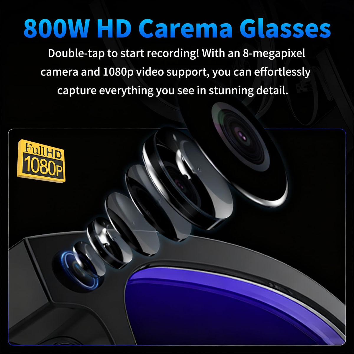 Giinova 800W AI glasses capture 1080p video with IMX219 sensor for clear footage.