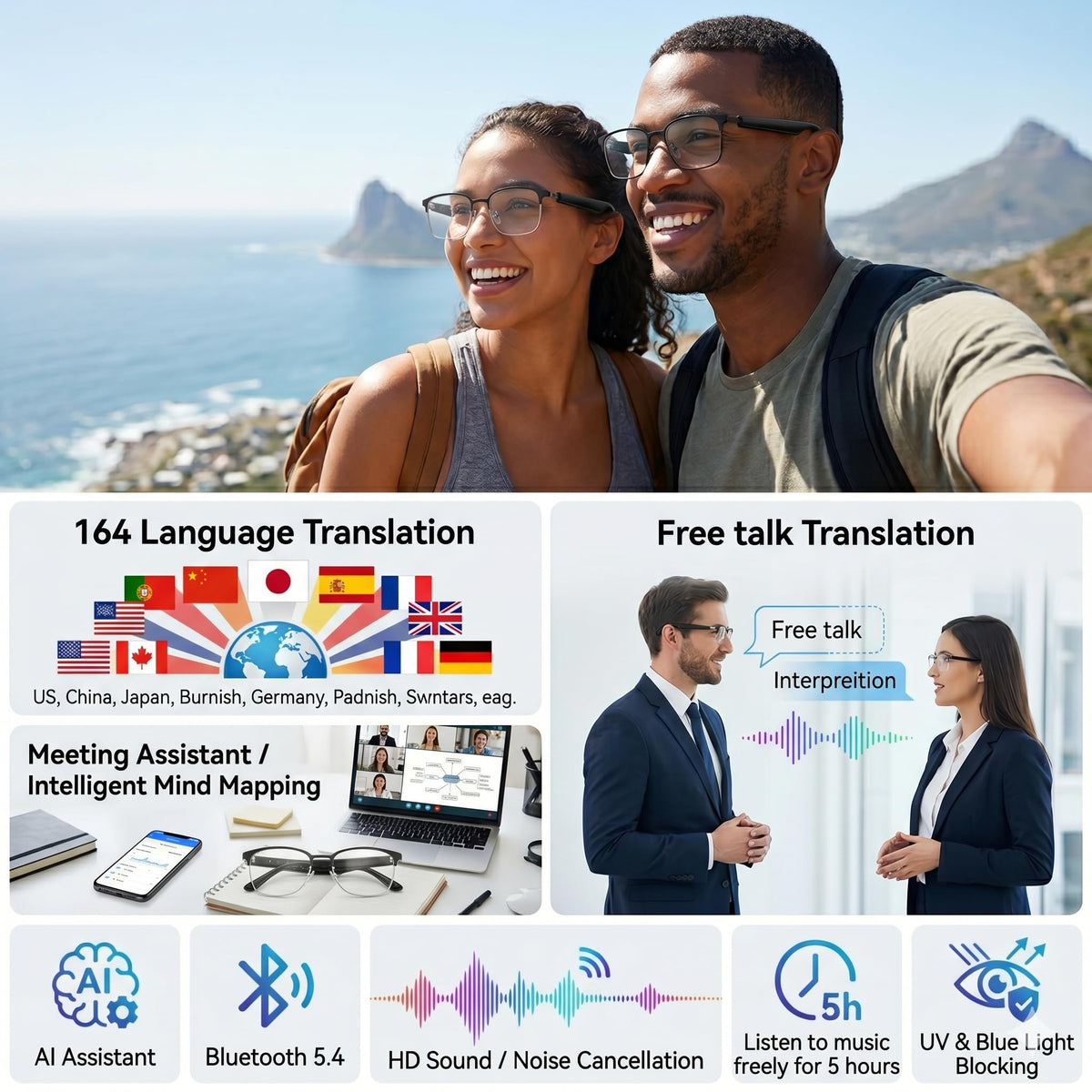 Giinova AI smart glasses Bluetooth 5-4 enabling smooth wireless connectivity for travel.