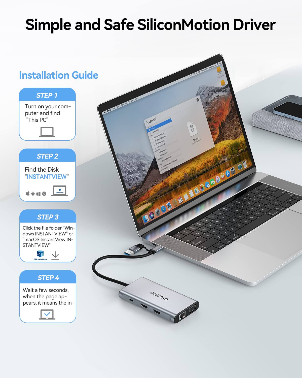 GIISSMO USB-C/USB-A dock is compatible with MacBook and Windows laptops