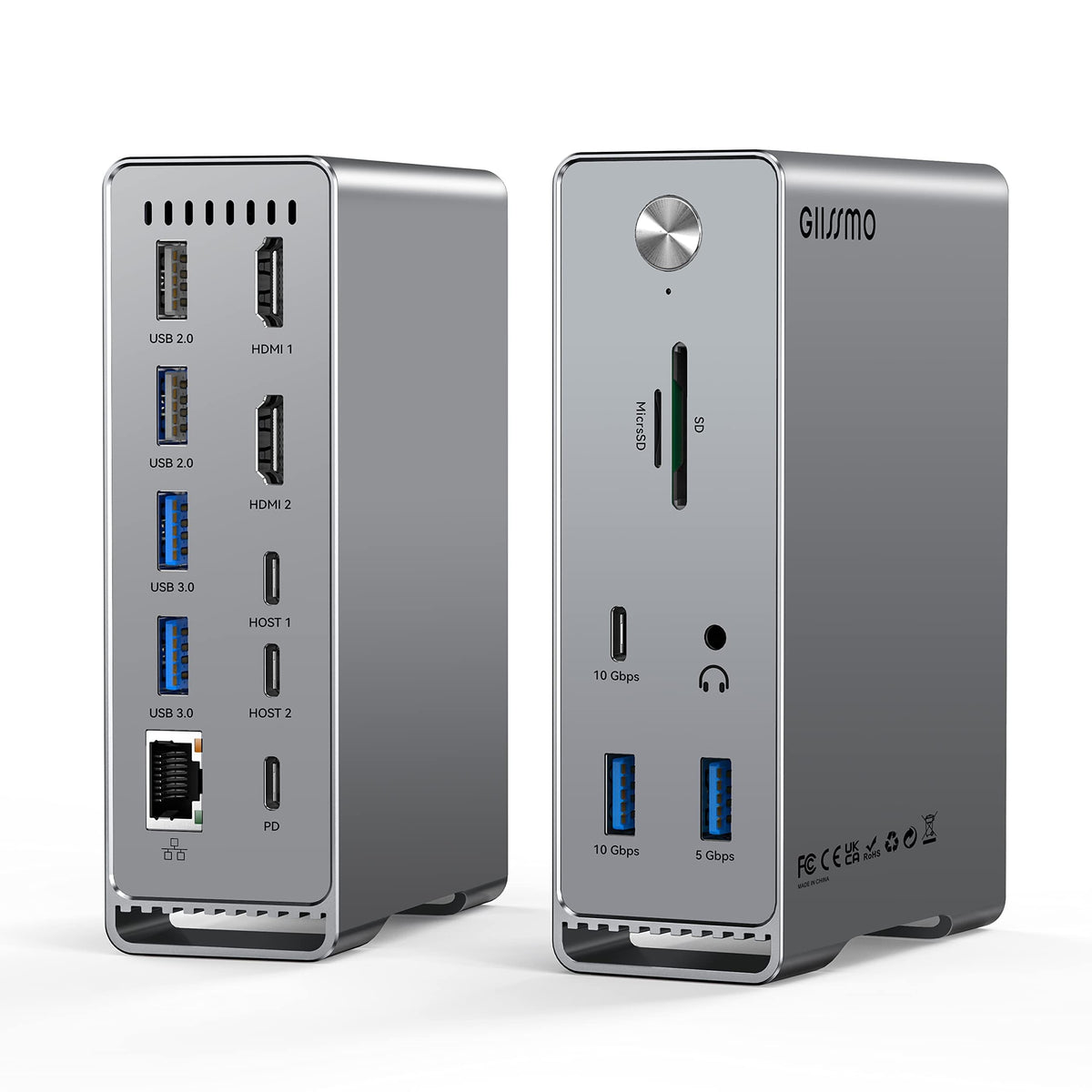 GIISSMO docking station front view showing ports and professional desk benefit