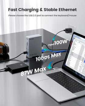 GIISSMO dock connected to MacBook and two monitors for expanded workspace