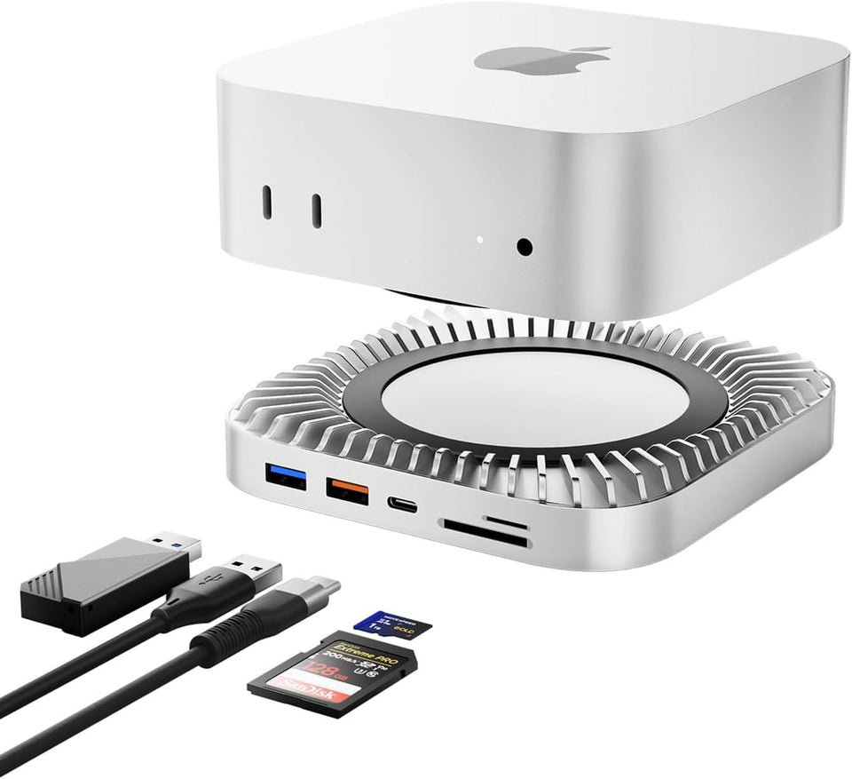 GIISSMO front view of Mac mini M4 dock showing ports and stand benefit of tidy desk