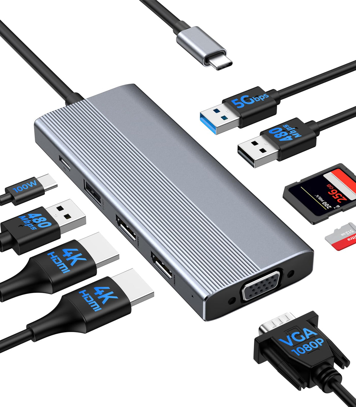 GIISSMO USB-C docking station front view with 9 ports for productivity