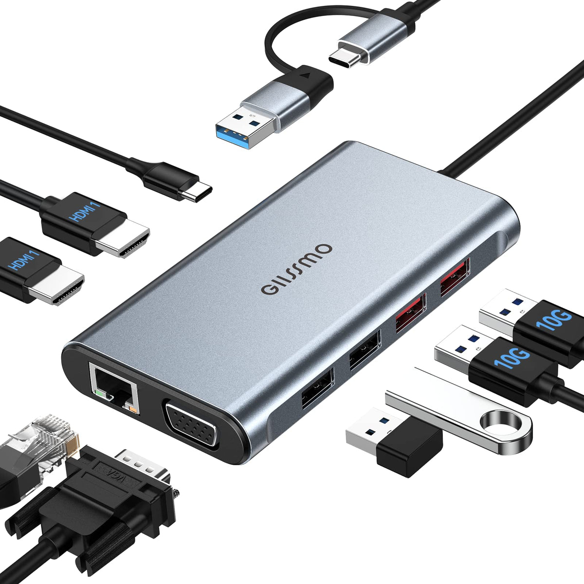 GIISSMO USB docking station showing a triple-monitor setup for enhanced productivity