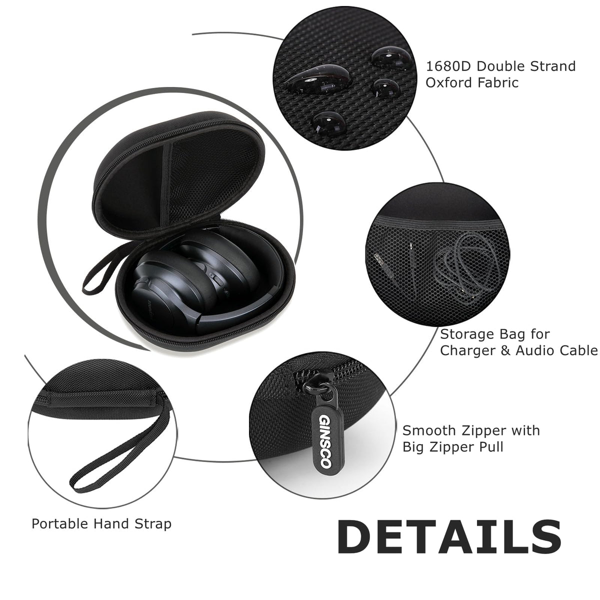 Ginsco interior-contours cradle headphones to prevent scratches and movement.