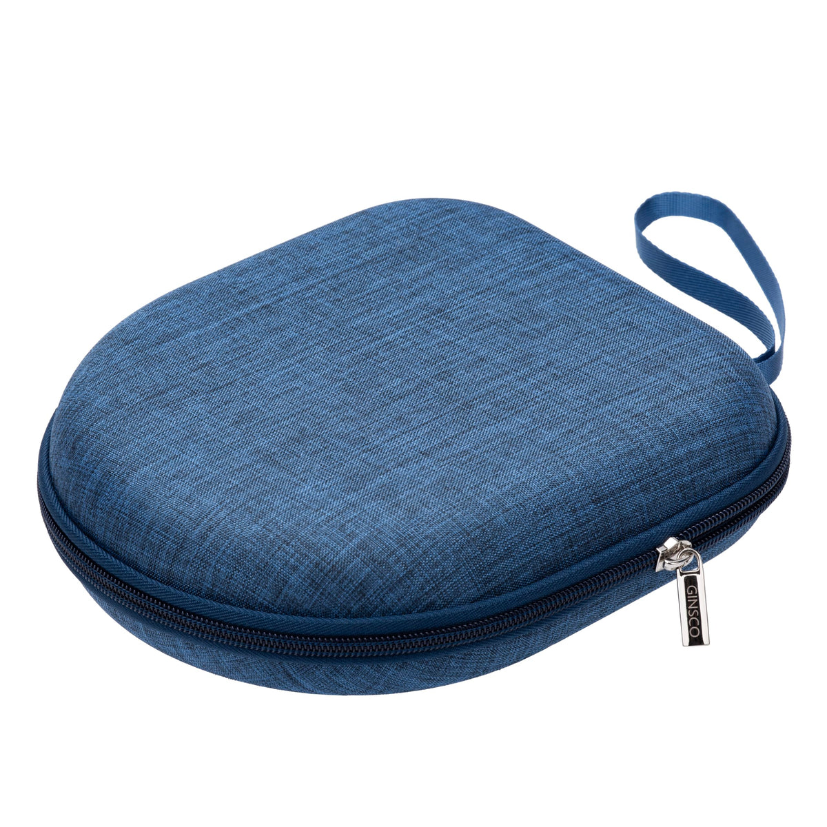 Ginsco universal headphone case blue front view protects headphones on the go.