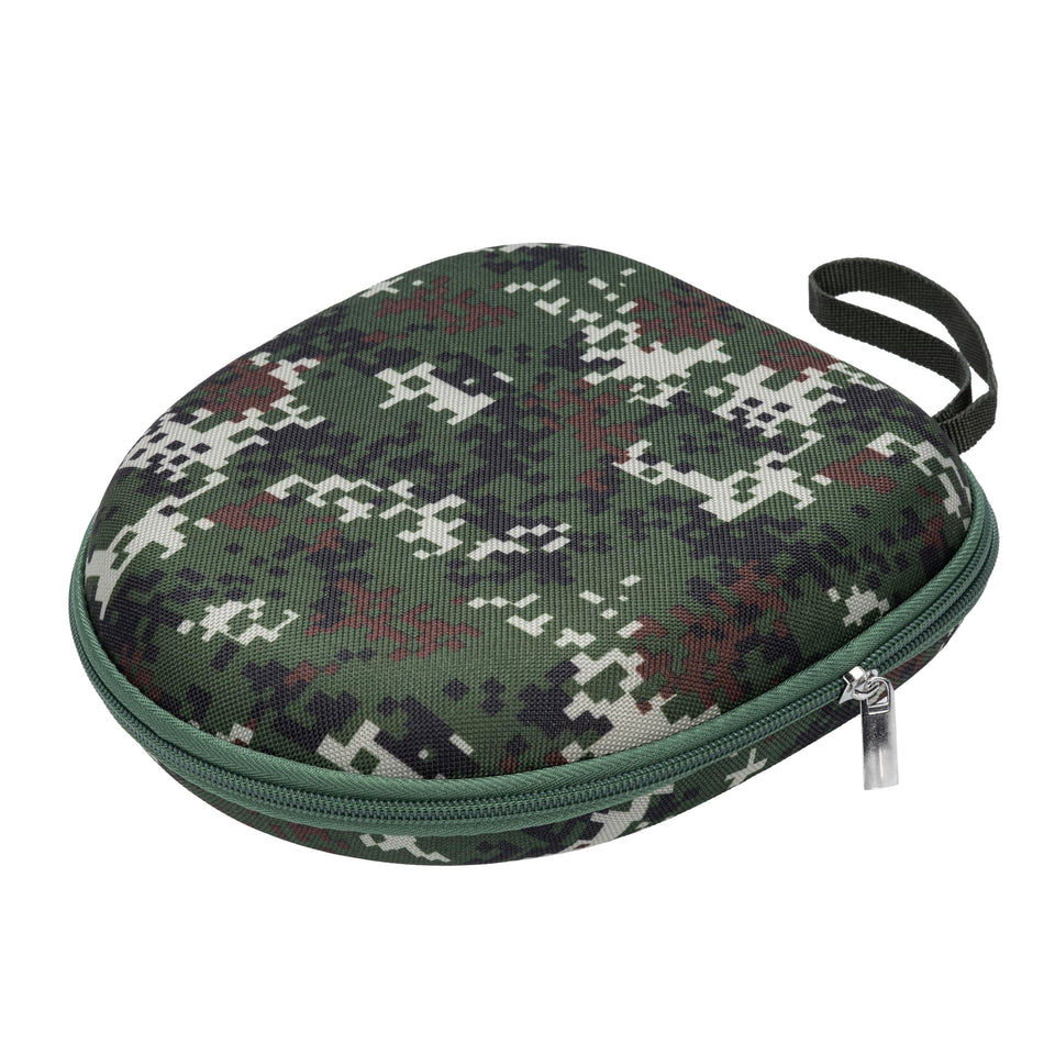 Ginsco universal headphone case in camo protecting JBL and Sony headphones on the go