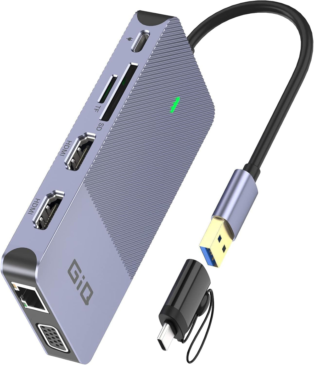 Giq USB-C docking station with dual HDMI and VGA outputs for versatile multi-monitor setup.