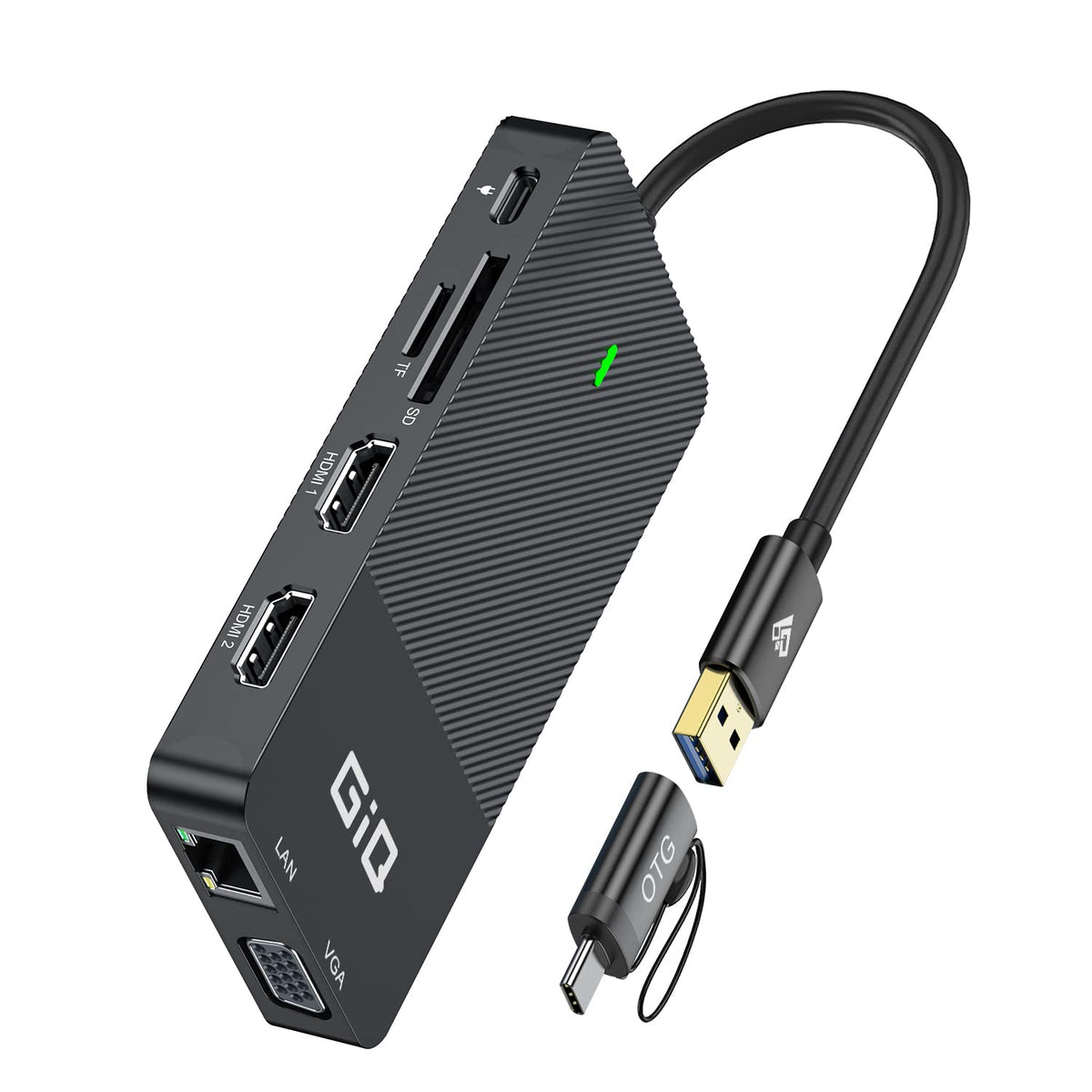 Giq USB C docking station front view with accessible ports for quick setup