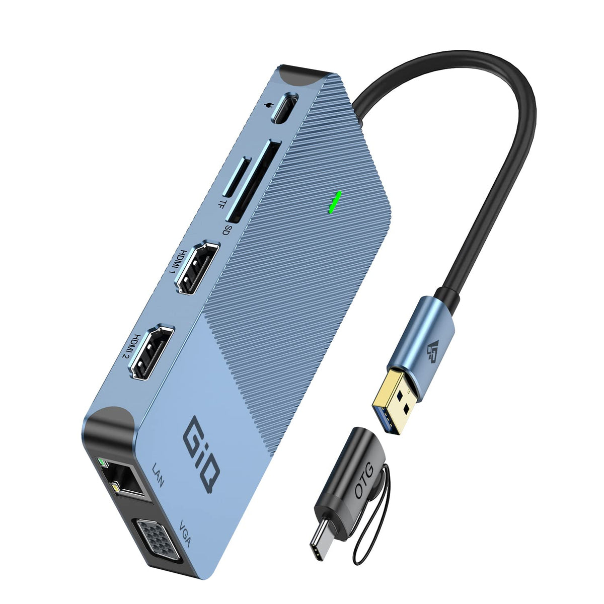 Giq USB C docking station front view showing compact travel-ready design