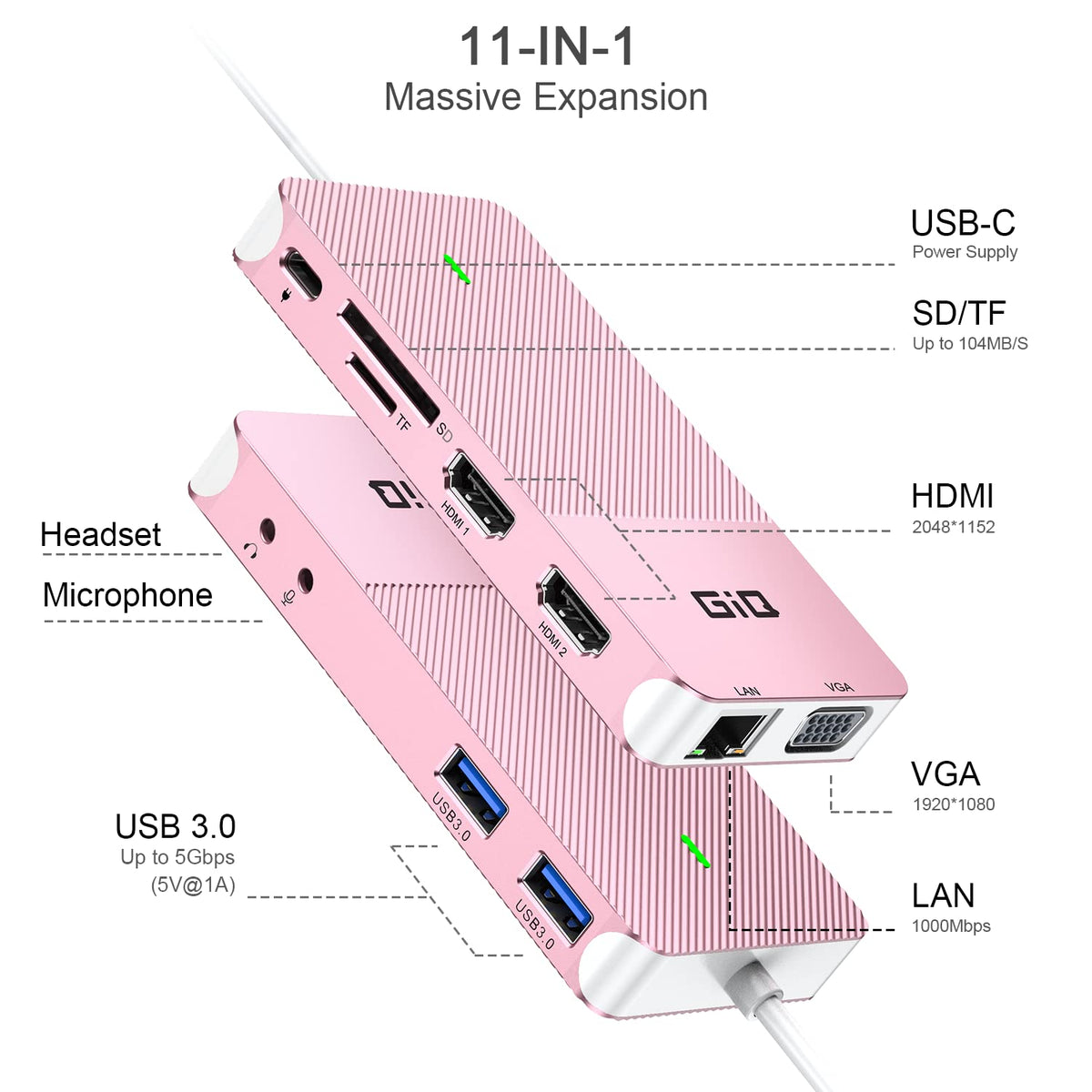 Giq USB-C Docking Station rose gold side ports visible for easy connectivity