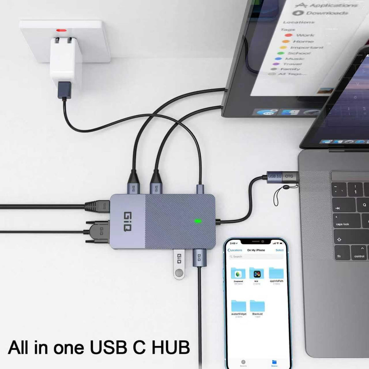 Giq grey finish docking station blends with desks while boosting connectivity.