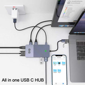 Giq grey finish docking station blends with desks while boosting connectivity.