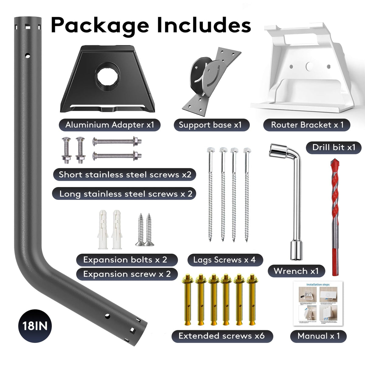 Gitaobac kit parts and hardware laid out showing included fasteners for easy installation