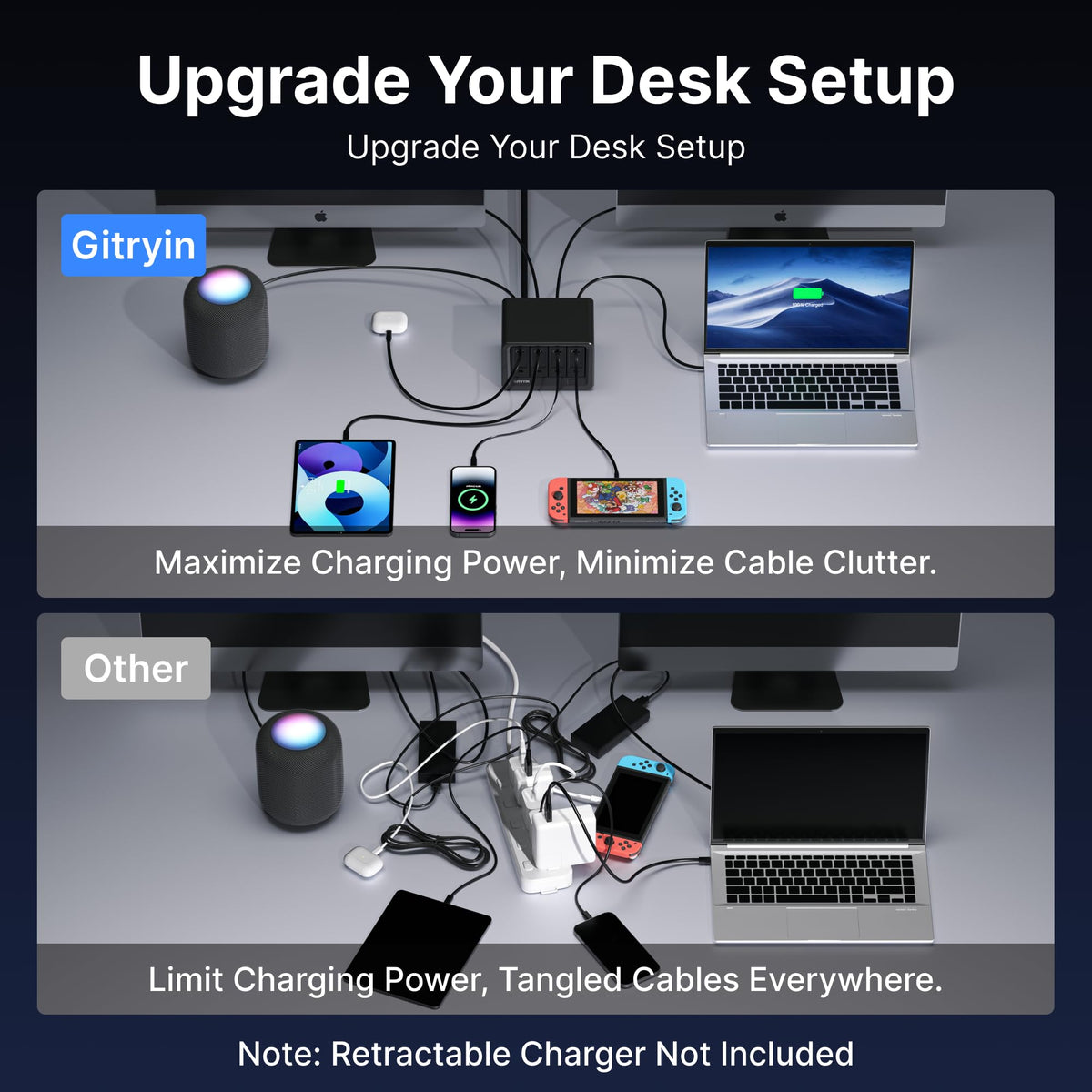 Gitryin paired with retractable chargers displaying tidy cords and reduced desk clutter