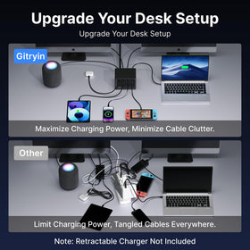 Gitryin paired with retractable chargers displaying tidy cords and reduced desk clutter