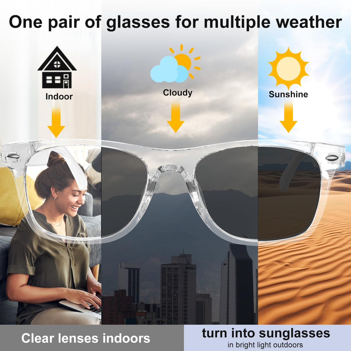 Giwbeiv AI smart glasses color-change lens adapts to light for eye comfort.