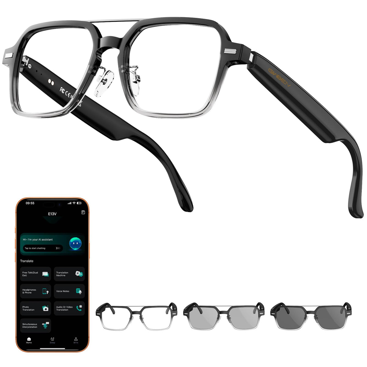 Giwbeiv front packaging and frame showing sleek aviator design and benefit of easy wearable audio