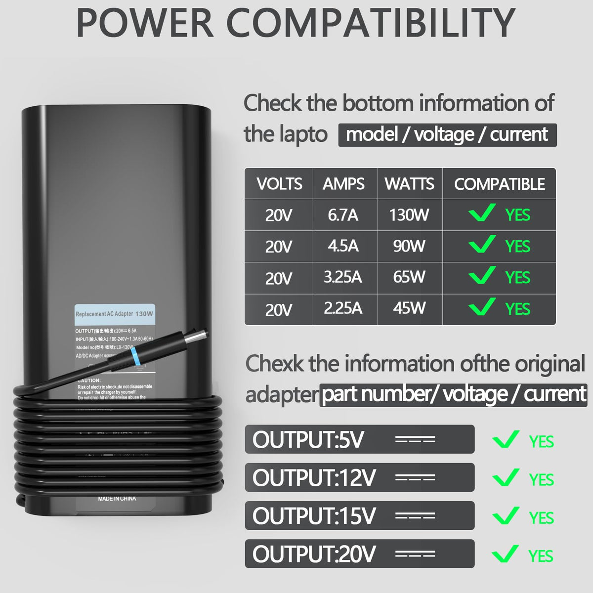 GKLSPL 130W AC charger side view with included cable for easy replacement.