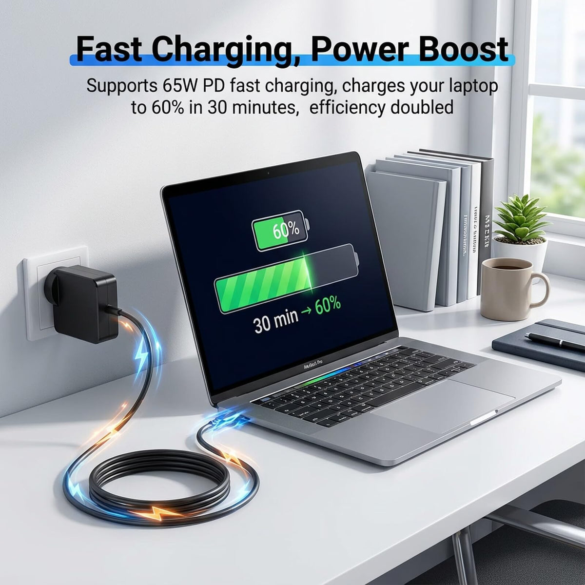 GKLSPL adapter and 6ft cable on desk charging a handheld, flexible placement benefit