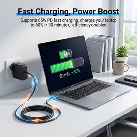 GKLSPL adapter and 6ft cable on desk charging a handheld, flexible placement benefit