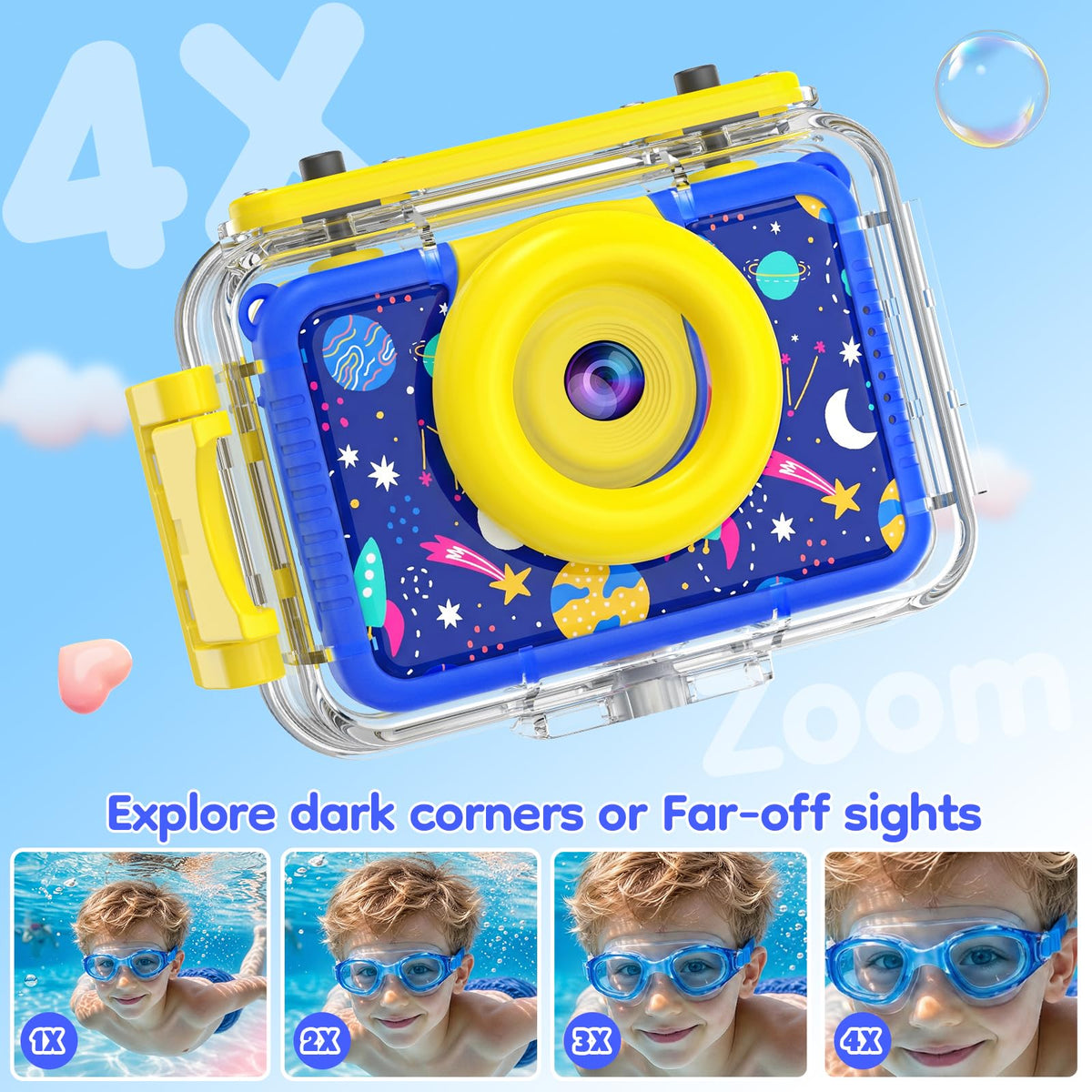 GKTZ child using camera at pool demonstrating safe, creative play
