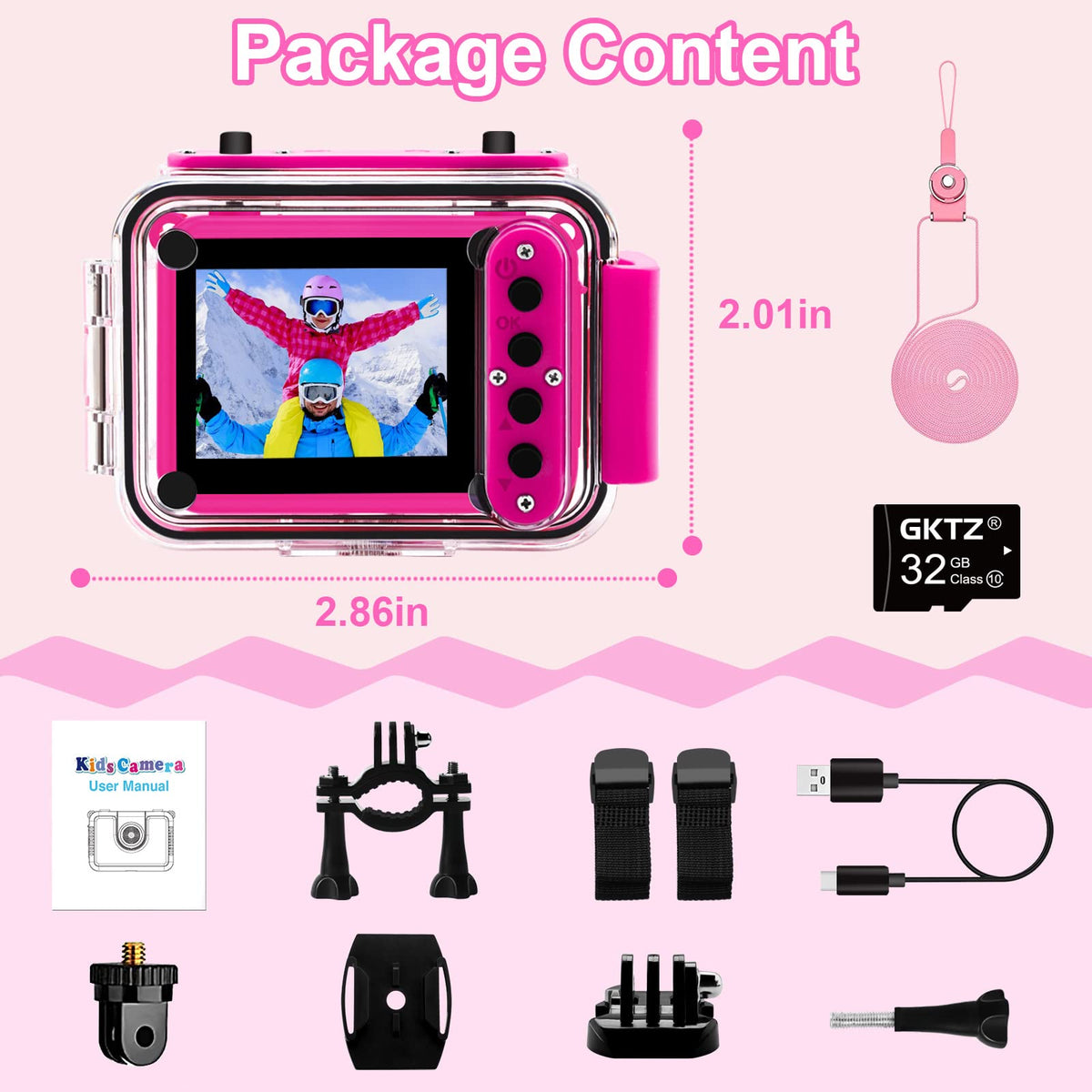 GKTZ kids camera lifestyle pool scene with child smiling, encourages outdoor creativity