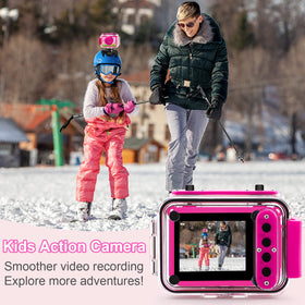 GKTZ kids camera rotating lens detail showing 180-degree flip, versatile framing benefit